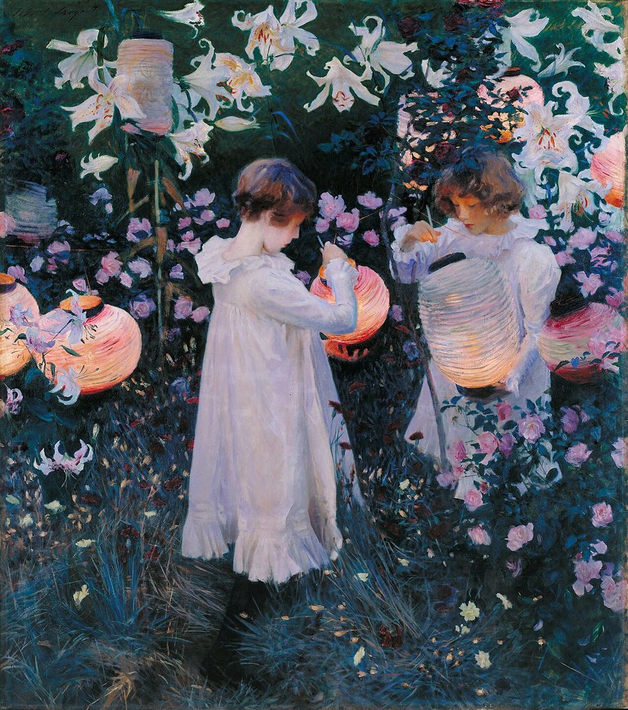 Carnation, Lily, Lily, Rose by John Singer Sargent: two young girls in white dresses lighting paper lanterns at dusk in a garden full of lilies and roses
