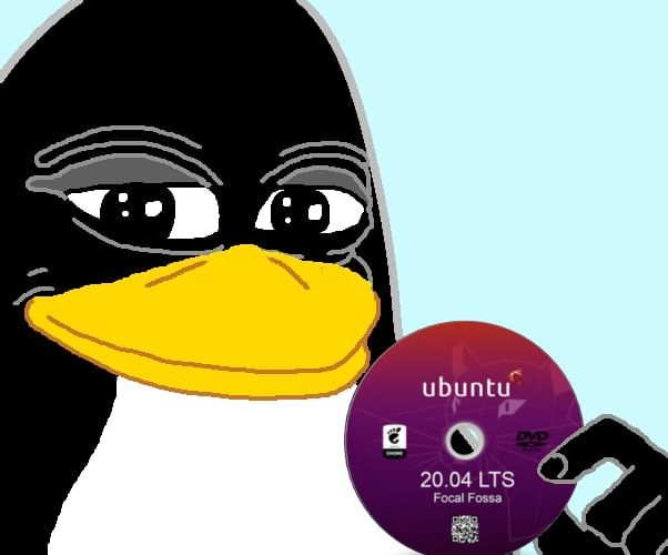 Hand-drawn Tux the penguin, eyes narrowed smugly, holding up an Ubuntu 20.04 LTS Focal Fossa install disc