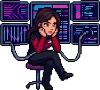Pixel-art Lisa slumped in a chair, chin in hand, in front of a wall of monitors