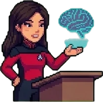 Pixel-art Lisa at a lectern, holding up a holographic brain