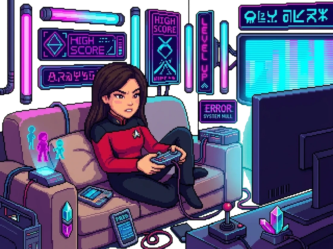 Pixel-art Lisa on a couch with a game controller, under neon HIGH SCORE and LEVEL UP signs