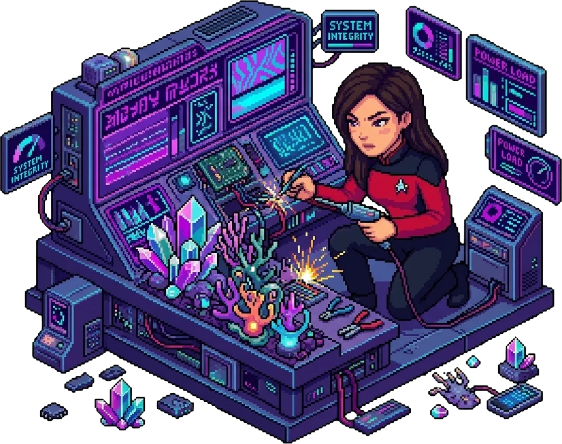 Pixel-art Lisa soldering a console overgrown with crystals