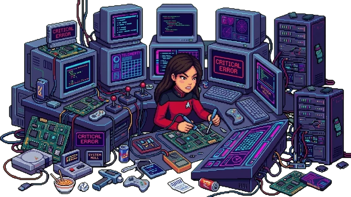 Pixel-art Lisa soldering a circuit board in a cluttered lab of monitors flashing CRITICAL ERROR