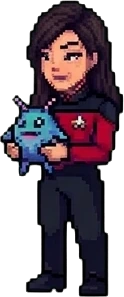 Pixel-art Lisa holding a small blue plush creature