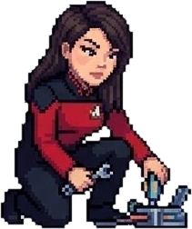 Pixel-art Lisa kneeling with a wrench, fixing a small device