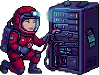 Pixel-art Lisa in a red spacesuit, kneeling to rewire a server rack