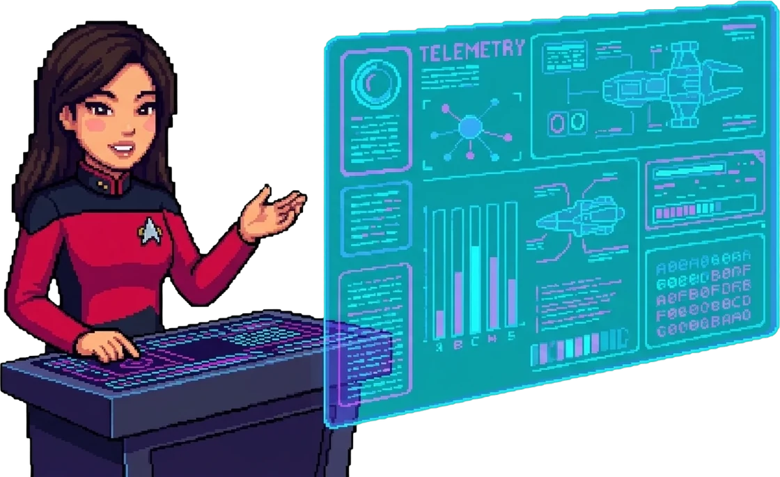 Pixel-art Lisa at a console, presenting a holographic telemetry display