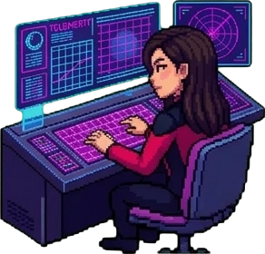 Pixel-art Lisa typing at a console under holographic telemetry screens