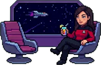 Pixel-art Lisa lounging in a chair by a starship viewport, drink in hand